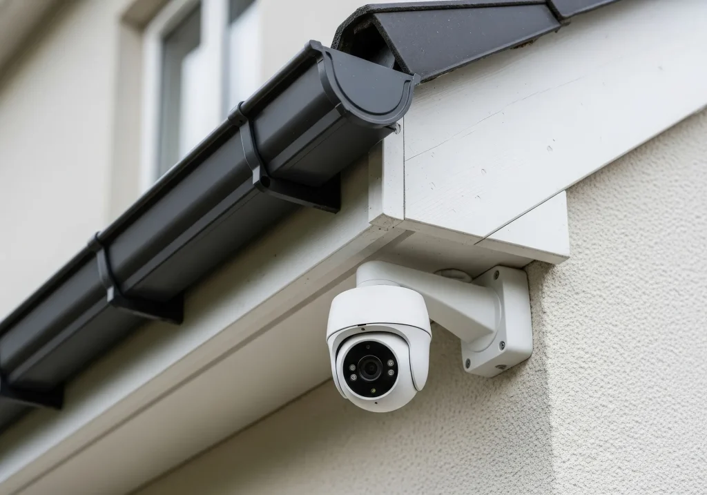white security camera mounted under a white eave and black rain gutter on a building exterior