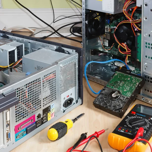 Two open desktop computer towers being serviced, showing the internal hardware, with a hard drive and a multimeter on the desk