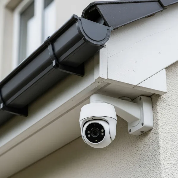 white security camera mounted under a white eave and black rain gutter on a building exterior